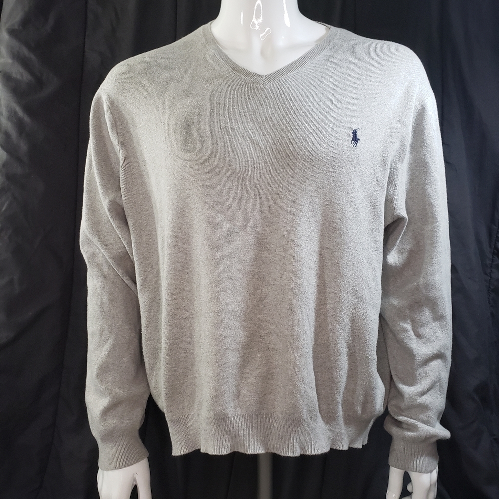 Ralph Lauren Polo Light Grey Cotton V-Neck Sweater Men's Size XL